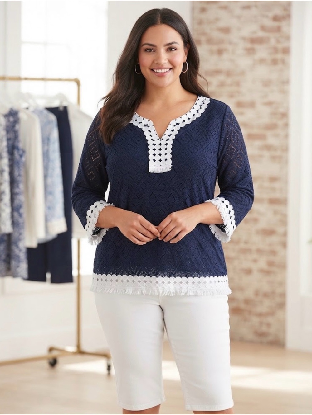 Alfred Dunner Geometric Lace Blouse Navy & White Boho 3/4 Sleeve Plus Size 1X